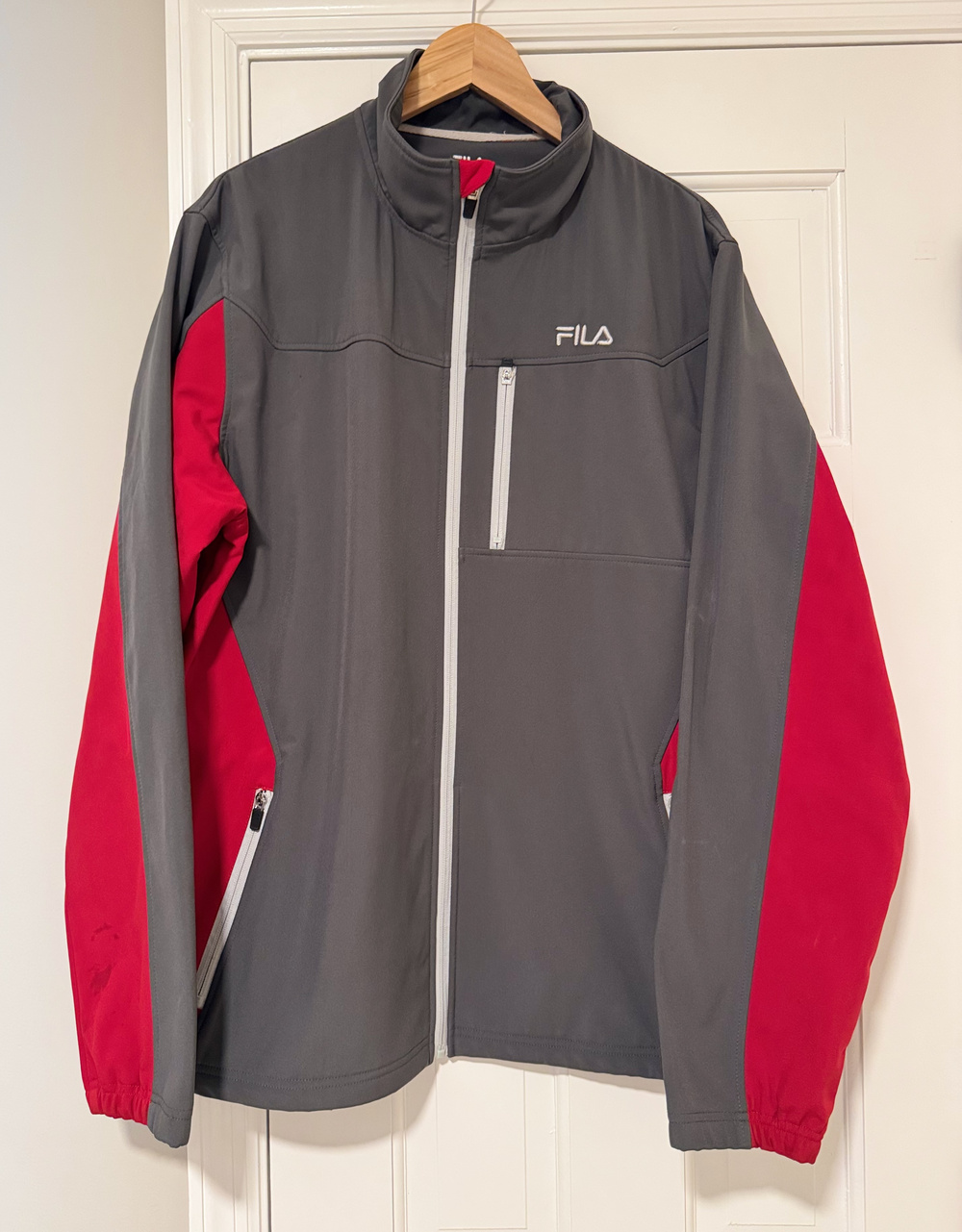 FILA Sport Men's XL Softshell Track Jacket Full Zip Gray Red Colorblock Gorpcore